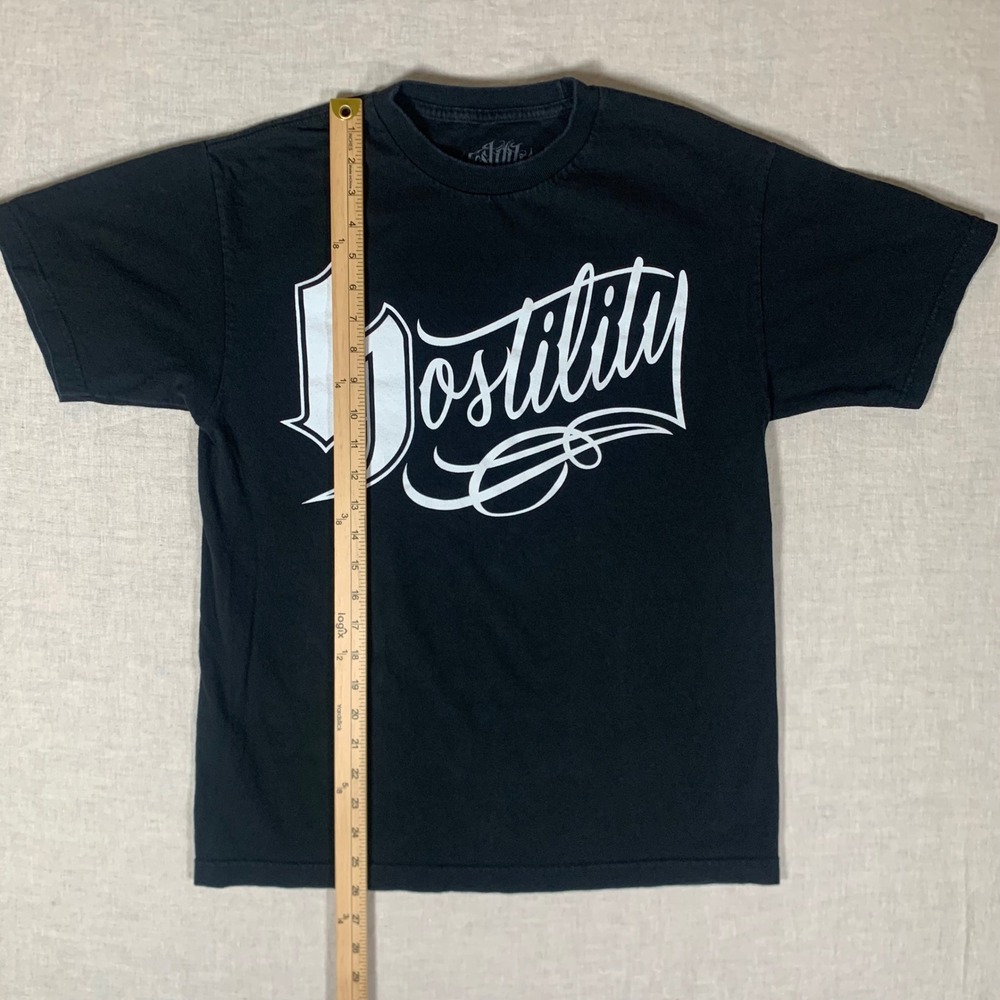 Hostility Graphic T-Shirt Mens Medium Black Excellent Script Logo Streetwear - Picture 2 of 6